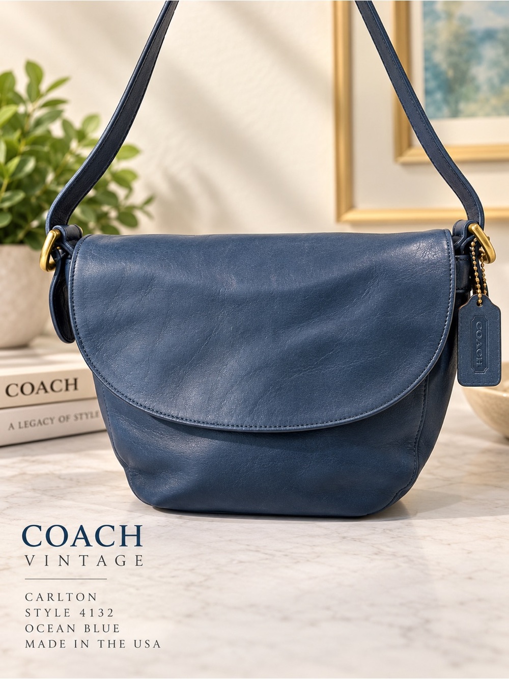 Vintage Coach Carlton 4132 Ocean Blue Leather Shoulder Bag USA 1990s